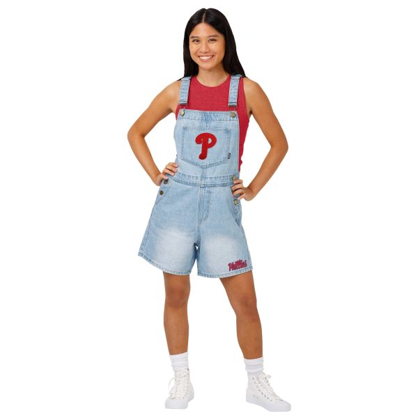 Philadelphia Phillies MLB Womens Big Logo Denim Bib Shortalls (PREORDER - SHIPS LATE MAY) For Cheap