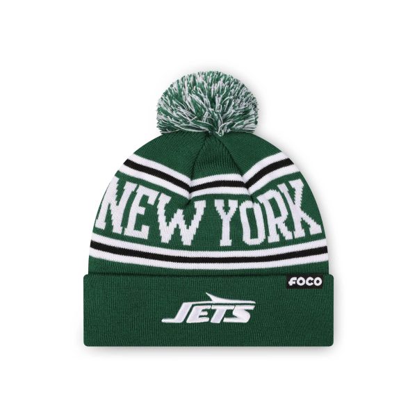 New York Jets NFL Dark Green Primary Logo Stripe Pom Beanie Hot on Sale